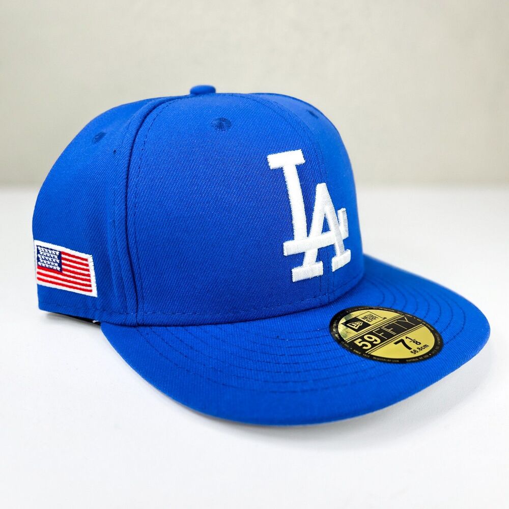 New Era 59FIFTY Los Angeles Dodgers Blue Fitted Hat USA Flag Size 7 1/8 NWT